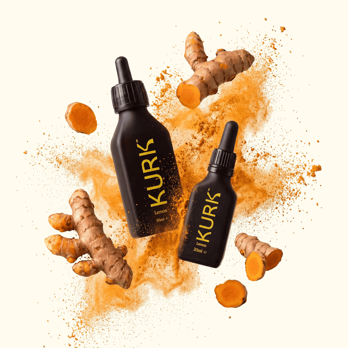 KURK Lemon curcumin bottles surrounded by turmeric roots and powder